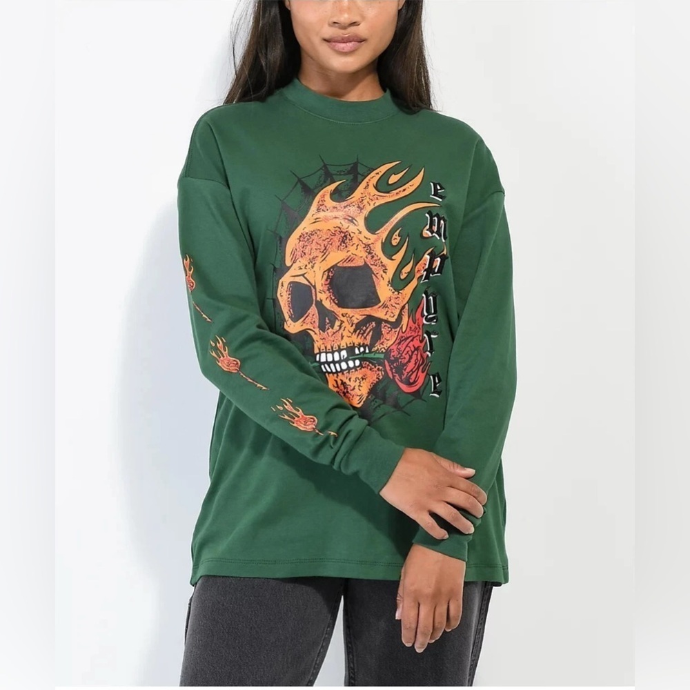 Empyre Velma Flames Skull Mock Neck Forest Green Long Sleeve Shirt Sz Small